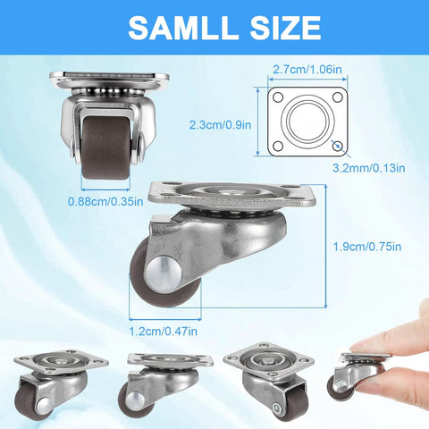 Sweet Ride 8 Pack Mini Caster Wheels Half Inch Self Adhesive Low Profile Ultra Lightweight Smooth Rollers dimensions and design.