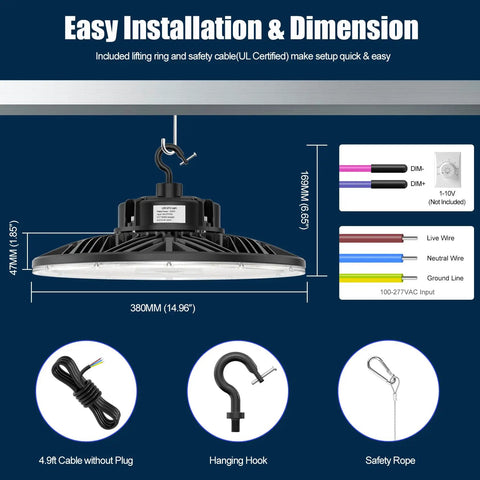 Nine Pack 240W Dimmable UFO High Bay LED Shop Light installation dimensions and accessories