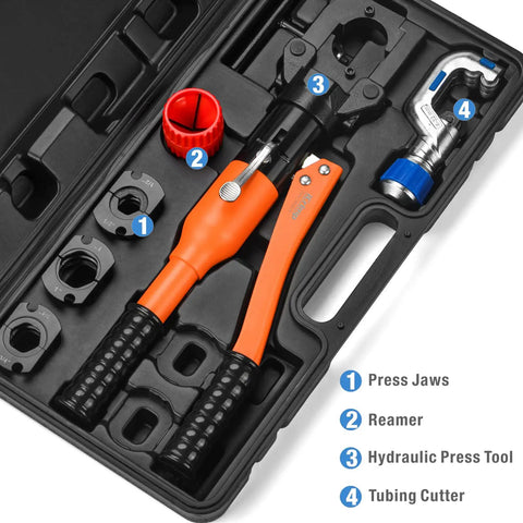 Hydraulic Copper Tubing Press Tool Kit With One Half Inch, Three Quarter Inch And One Inch Propress Fittings Plus Copper Tubing Cutter And Chamfer Tool For Quick, Leak Free Plumbing Jobs in case