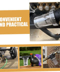Heavy Duty Inline Water Sediment Filter for Garden Hose or Car Wash Rig with Quick Connect Fitting shown connected to various outdoor setups.