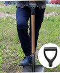 D Shaped Spade Handle Replacement Grip for Shovels Forks and Rakes, black plastic, fits 3cm diameter handles, in use outdoors