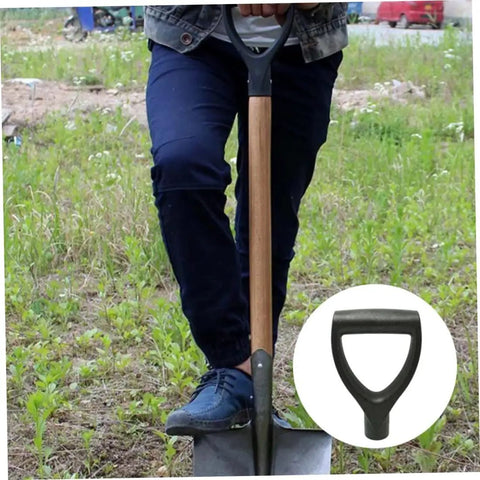 D Shaped Spade Handle Replacement Grip for Shovels Forks and Rakes, black plastic, fits 3cm diameter handles, in use outdoors