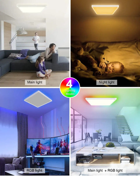 Remote Controlled 12 Inch LED Ceiling Light, Dimmable 24W Flush Mount Fixture With 3200 Lumens, 3000K To 6500K, showing different lighting modes