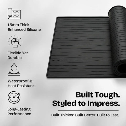 Set Of Two 25X25 Inch Washer And Dryer Top Protector Mats To Keep Your Laundry Space Straight Up Slick With Durable Nonslip Surface And Spacious Flat Shelf, showcasing dark gray silicone mat features.