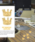 Dope Vintage Style Crown Charms Set, 50 Pcs Alloy Gold Tone Crown Pendants in a jewelry workshop.