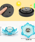 Solar Lotus Flower Garden Lights For Outdoor Patio Decor, top view and side view with crackle ball and teal blue petals