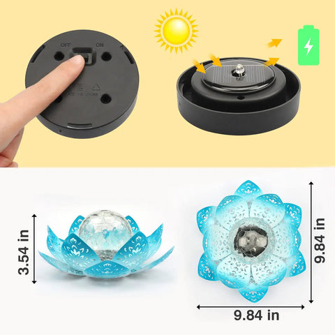 Solar Lotus Flower Garden Lights For Outdoor Patio Decor, top view and side view with crackle ball and teal blue petals