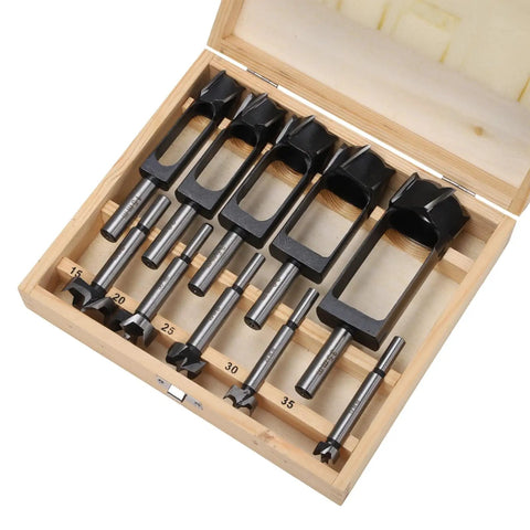 Forstner Drill Bit Set 10 Piece Woodworking Kit With 15, 20, 25, 30, 35mm Bits High Speed Steel Round Shank in wooden box