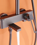 Wall Mounted Exposed Shower System with Tub Spout 90° Rotating Gun Gray faucet detail with square spout and control lever.