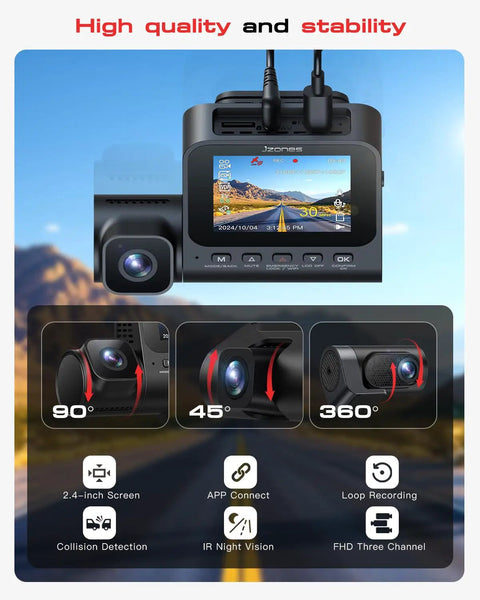 4K 3 Channel Dash Cam With Front Rear And In Cabin Coverage, Starvis 2 Sensor, WiFi 6, G Sensor, Loop Recording, Night Vision