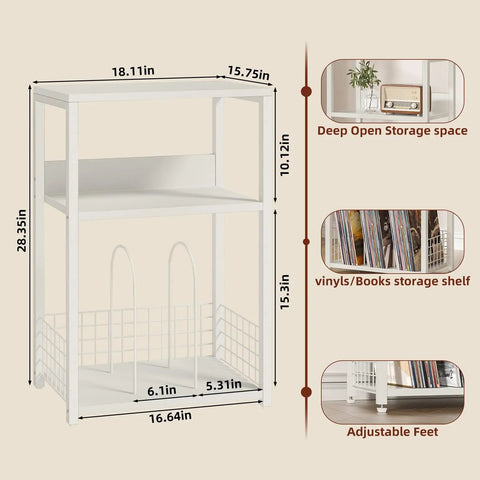 Large White Record Player Stand With 3 Tier 18 Inch Wide End Table For Vinyl Storage Up To 130 Albums Sturdy Industrial Style Turntable Table And Modern Side Table For Living Room Bedroom Or Office, 28.35in high