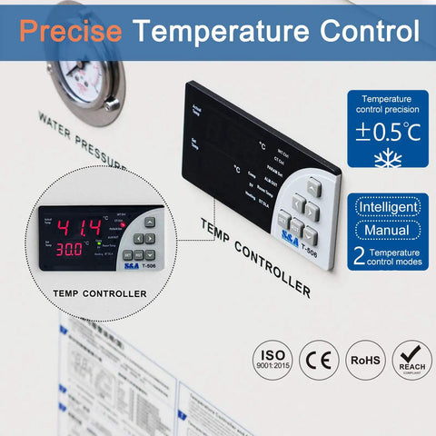 Heavy Duty Industrial Water Chiller With Five Thousand One Hundred Watt Cooling Capacity And Precise Temperature Management For Cnc Spindle And Co2 Laser Tubes To Keep Your Rig Chillin All Season Long control panel displaying temperature settings and pressure gauge.
