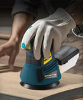 Slick Five Inch Orbital Sander With Six Speed Controls And Killer Dust Collection For Dead Simple Wood And Metal Refinishing At Thirteen Thousand Rpm With Twenty Grit Abrasive Discs Ready To Go in use, sanding wood surface.