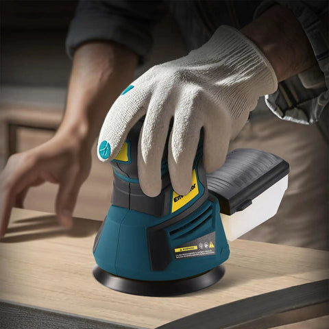 Slick Five Inch Orbital Sander With Six Speed Controls And Killer Dust Collection For Dead Simple Wood And Metal Refinishing At Thirteen Thousand Rpm With Twenty Grit Abrasive Discs Ready To Go in use, sanding wood surface.