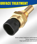 Close-up of car engine temperature sensor with plug; brass body, black plastic connector, threaded sensor fitting