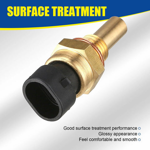 Close-up of car engine temperature sensor with plug; brass body, black plastic connector, threaded sensor fitting