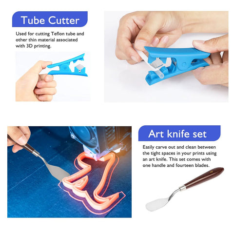 Tube cutter and art knife set for 3D printing; blue tube cutter and brown-handle knife, two tools