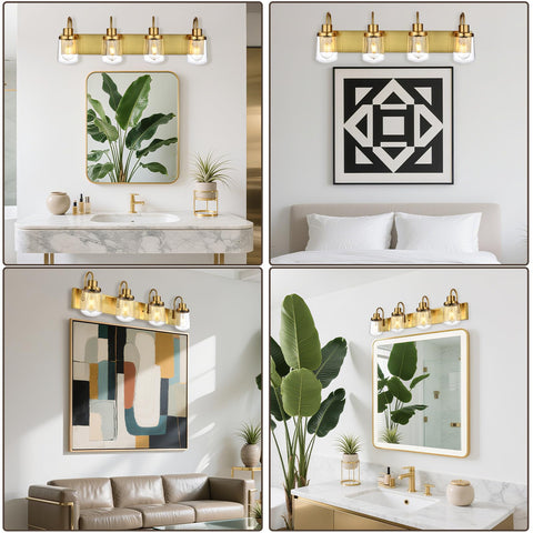 4 Light Vanity Light In Painted Gold Finish With Clear Glass Shades, Farmhouse Style Wall Lamp Fixture For Indoor Use