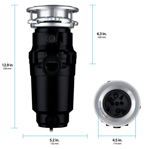 Compact One Third HP Garbage Disposal With Anti Jam Torque Master Stainless Steel Grinding System dimensions diagram