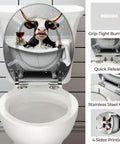 Round Toilet Seat Resin for Farmhouse Bathroom with cow in bathtub design and stainless steel hinges.