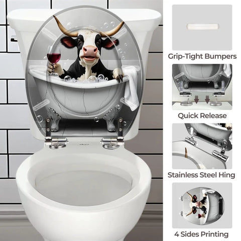Round Toilet Seat Resin for Farmhouse Bathroom with cow in bathtub design and stainless steel hinges.
