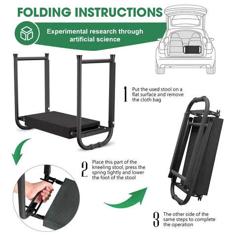 Folding instructions for Heavy Duty Garden Kneeler And Seat With Dual Support Legs 400 lb capacity foldable gardening stool.