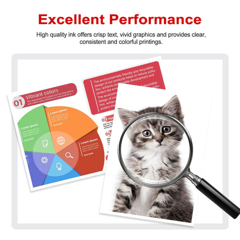 Infographic with vibrant colors and a magnified image of a kitten emphasizing excellent performance of ink cartridges.