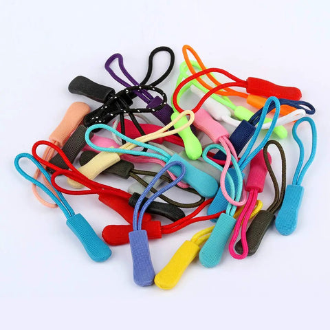 Backpack And Luggage Zipper Pull Replacement Set 10 Pcs Durable Nylon Zipper Tabs With Non Slip Rubber Grip in assorted colors.