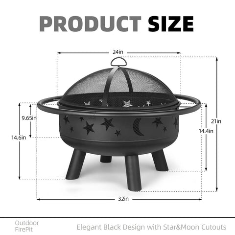 Wood Burning Fire Pit With Mesh Cover And Fire Poker 32 Inch Round Metal Outdoor Firepit With Star And Moon Cutouts