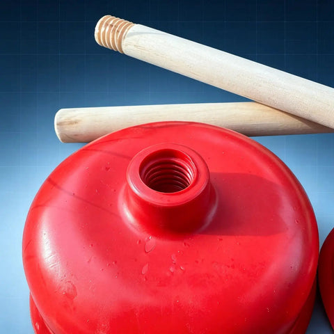 Rock Solid Heavy Duty Rubber Cup Toilet Plunger With Reinforced Wooden Handle showing red rubber cup and wooden handles.