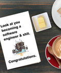 Funny Software Engineer Graduation Card For Computer Science Grads Perfect Gift For New Software Engineers on table with coffee