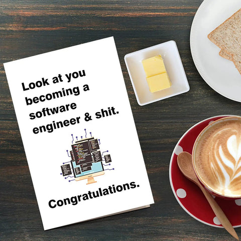 Funny Software Engineer Graduation Card For Computer Science Grads Perfect Gift For New Software Engineers on table with coffee