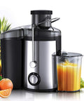 Heavy Duty Stainless Steel Juicer With Extra Wide Mouth For Smooth Extraction And No Pomace Or Pulp Leftovers, showcasing fresh juice and fruits.