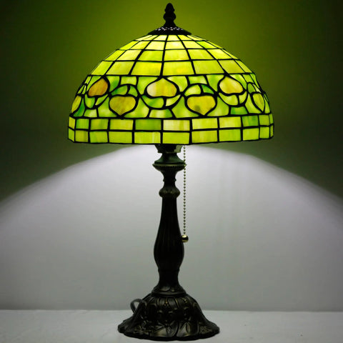 Tiffany Style Stained Glass Table Lamp With 12 Inch Shade And 19 Inch Tall Antique Bronze Base UL Listed Reading Light Pull Chain Easy Assembly Cozy Glow Vibe Green Apple Heart Pattern