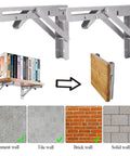 Built Tough Stainless Steel Foldable Wall Shelf Brackets mounted on walls, supporting a wooden shelf with secured books.