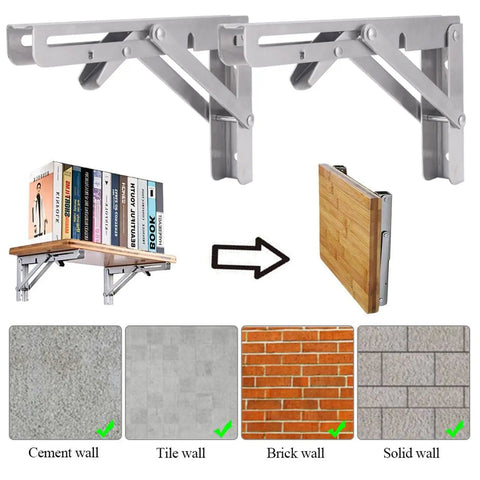 Built Tough Stainless Steel Foldable Wall Shelf Brackets mounted on walls, supporting a wooden shelf with secured books.