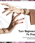 Hands with French manicured nails modeling a watch with text 'Turn Beginners To Pros'.