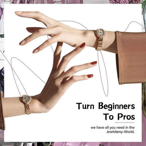 Hands with French manicured nails modeling a watch with text 'Turn Beginners To Pros'.