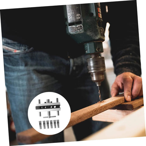Self Centering Dowel Jig For Woodworking And Furniture Making, Handy Drill Locator With Six Hardened Steel Bushings In Use