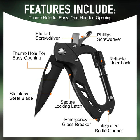 Image detailing features of Six In One Multitool Carabiner With Pocket Knife And Bottle Opener, highlighting tools and functions.