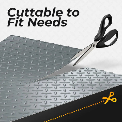 Scissors cutting 4x8 Ft Diamond Plate Garage Floor Mat Heavy Duty PVC Flooring Roll 2.8mm Thick for precise fitment
