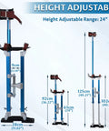Adjustable Drywall Stilts 24 to 40 Inches with lightweight aluminum frame and knee pad protection, multiple height displays, blue.