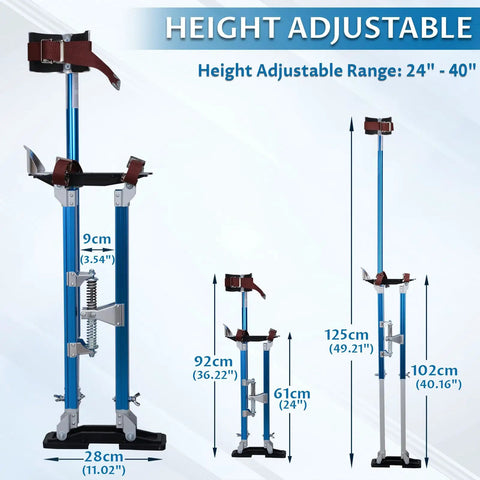 Adjustable Drywall Stilts 24 to 40 Inches with lightweight aluminum frame and knee pad protection, multiple height displays, blue.