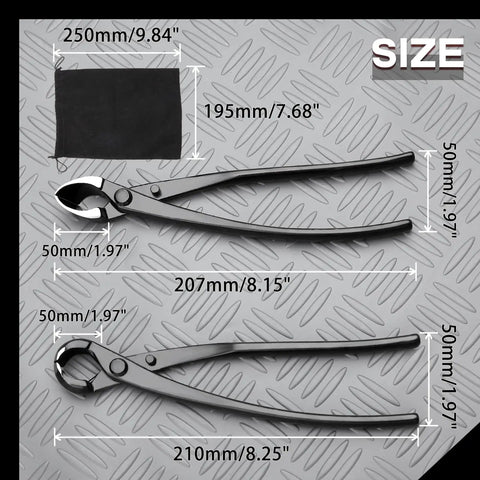 Bonsai Branch Tool Kit With Concave And Spherical Knob Cutters Ambidextrous Stainless Steel Blades Black Modern Style 210mm Length And 50mm Width Pro Grade Pruning Set With Storage Bag, 210mm tool and bag