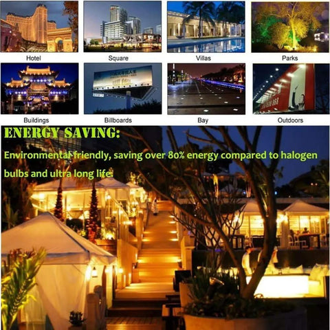 Collage showing LED lighting in hotels, parks, squares, and more with energy-saving text.