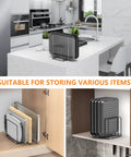 Sturdy Steel Kitchen Cabinet Organizer Rack With Five Slots For Skillets Pans Baking Trays And Chopping Boards Heavy Duty Cookware Holder For Mess Free Countertop Or Cabinet Storage.
