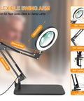 2 In 1 Magnifying Lamp With Light And Clamp, 5X And 10X Magnifier, Three Color Modes Stepless Dimmable, Adjustable Swing Arm