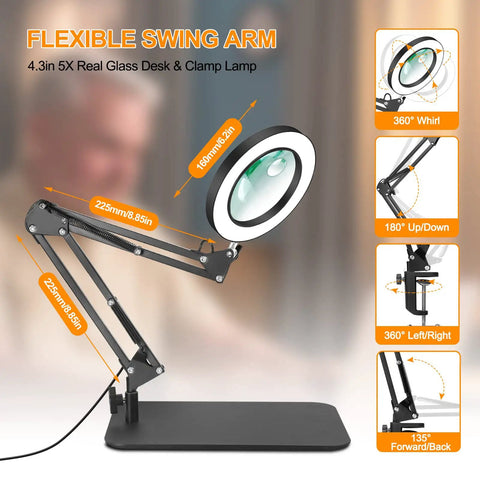 2 In 1 Magnifying Lamp With Light And Clamp, 5X And 10X Magnifier, Three Color Modes Stepless Dimmable, Adjustable Swing Arm