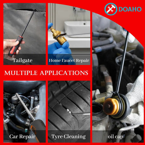 17 Piece Pro Grade Mechanic Hook And Pick Tool Set used for car and home repairs, showing various applications.