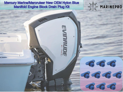 Boat motor with inset showing Blue Nylon Engine Block Drain Plug Kit 10 Piece Set Bolt On Ready Perfect Fit For Manifolds